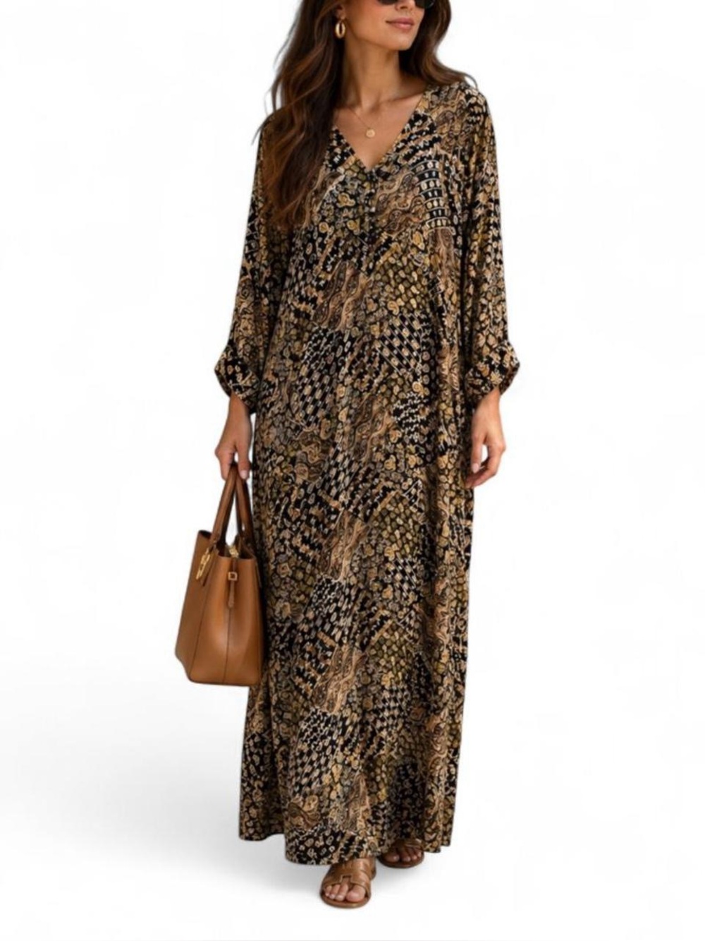 Brown & Black Paisley Patchwork Print Maxi Dress Large Flowy Boho Prairie Hippy